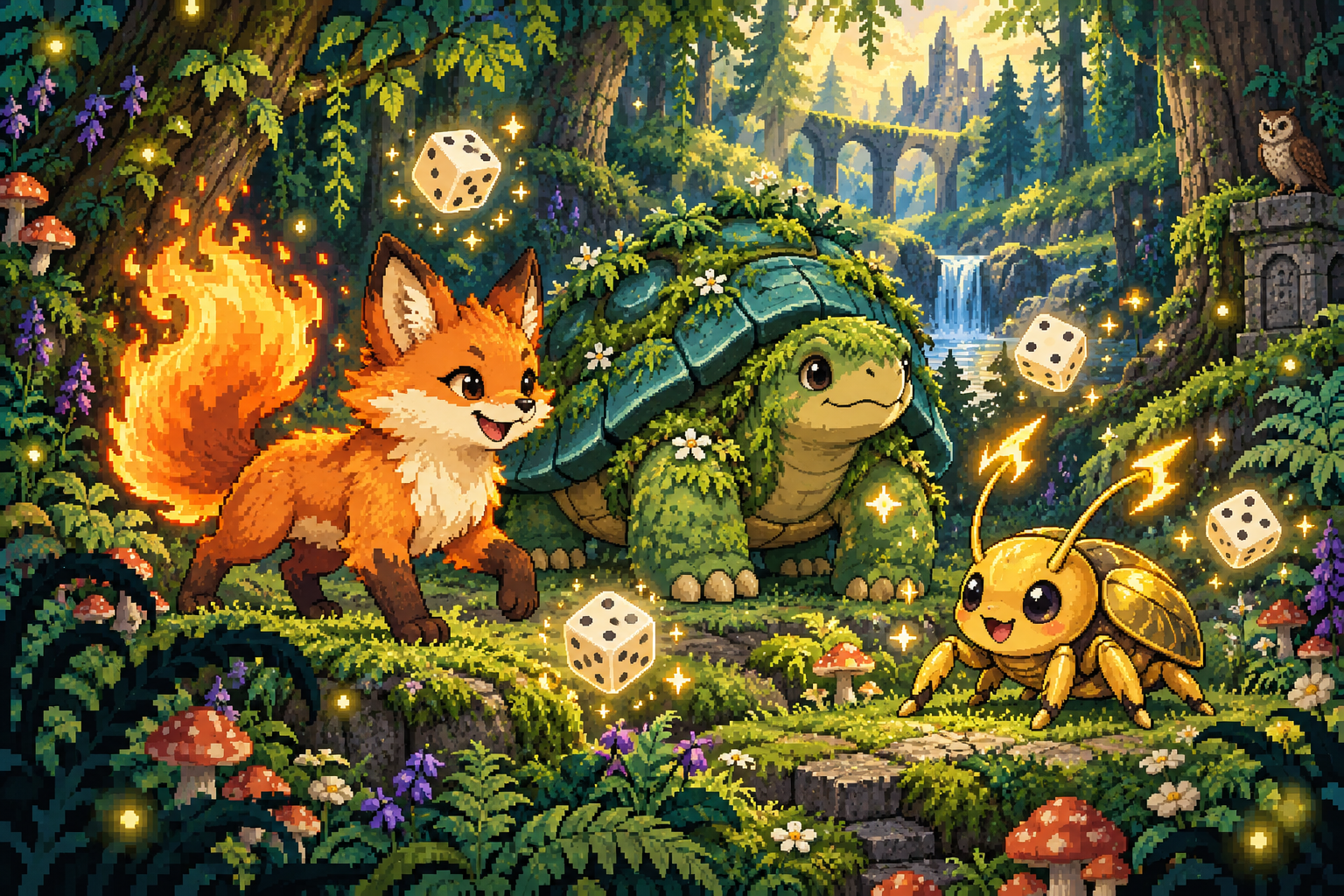 Three pixel-art monster companions with magical dice in a glowing woodland
