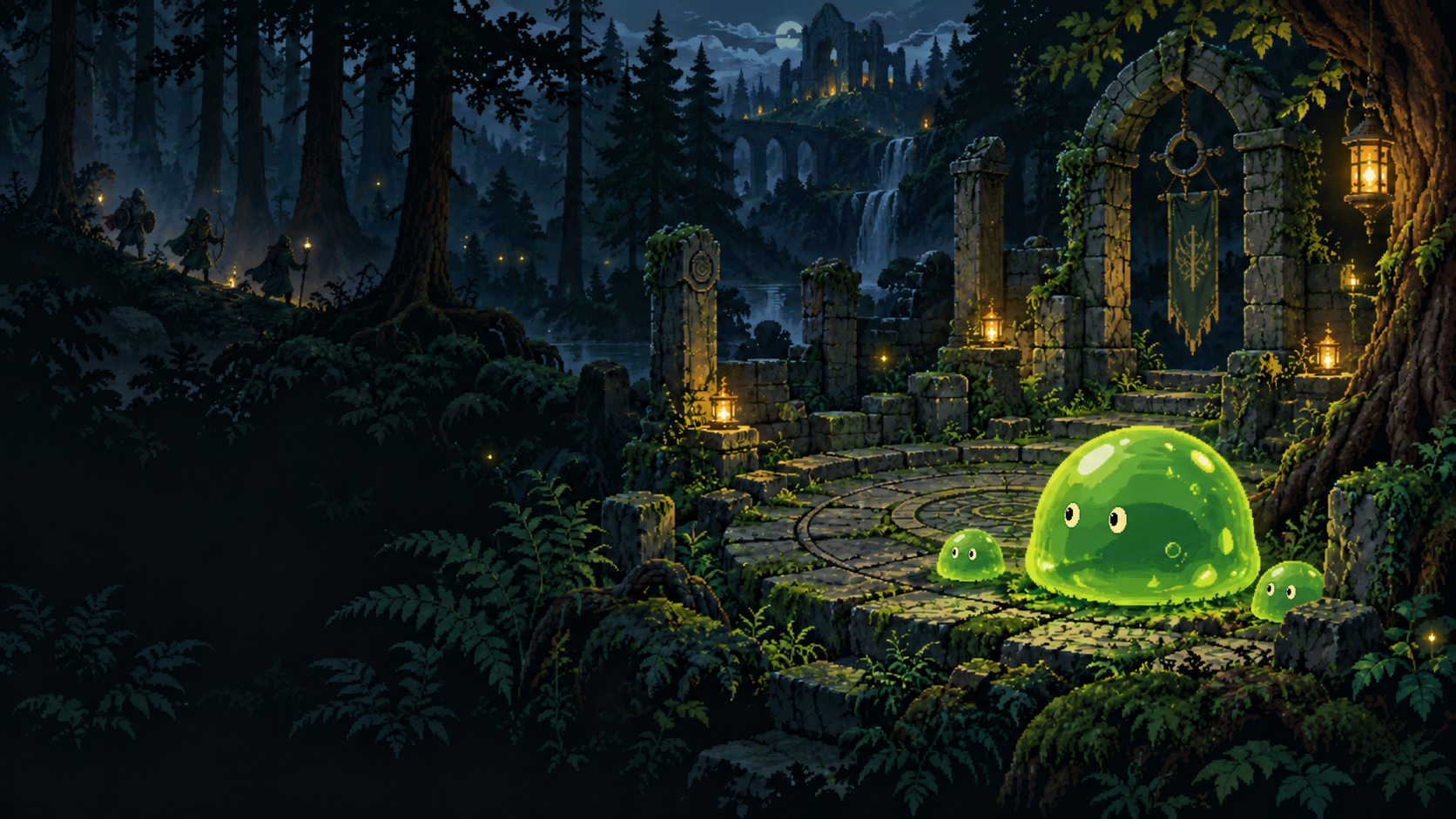 Gorb and his slime companions in the lantern-lit Mossroot ruins
