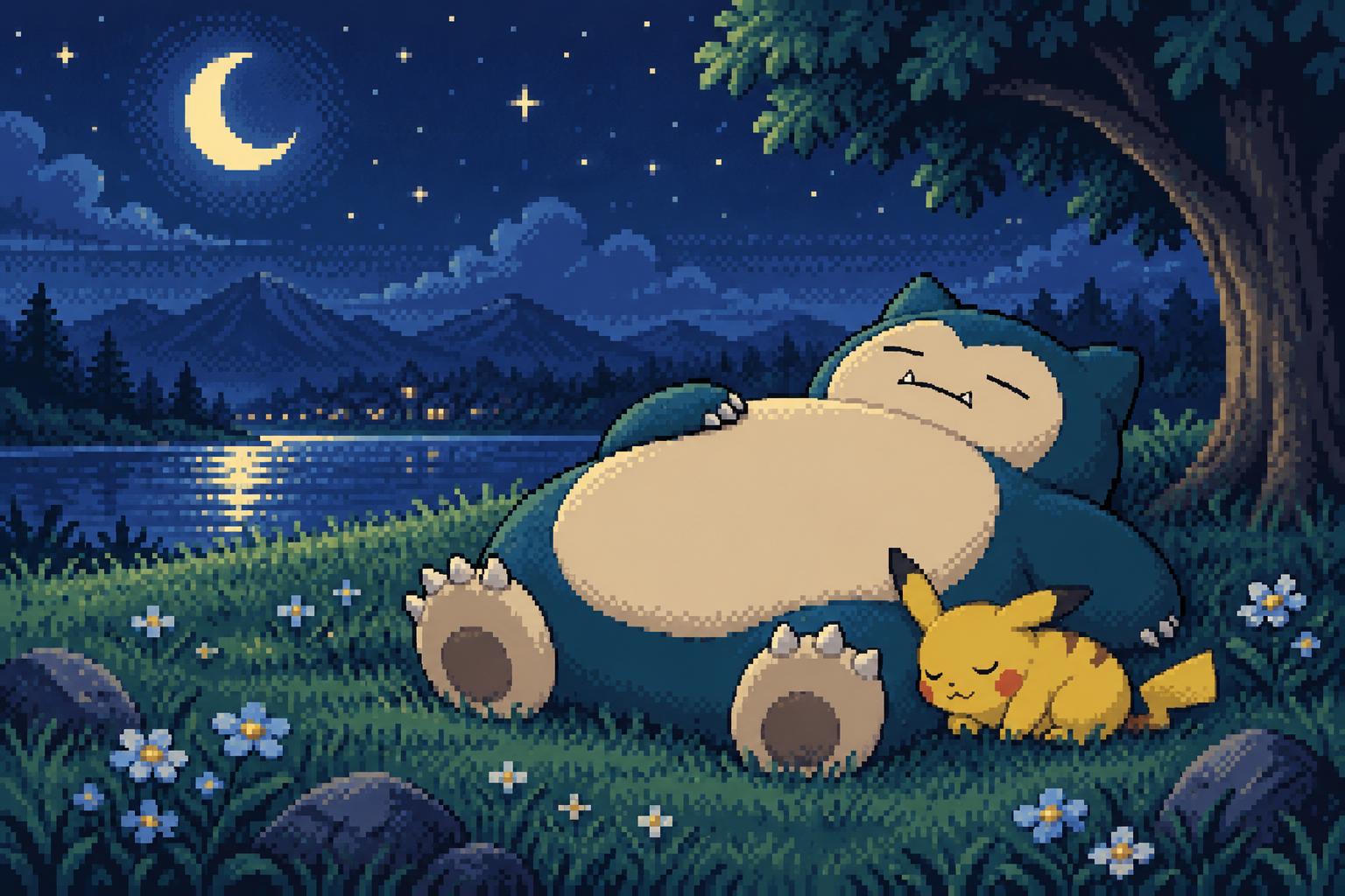 Snorlax and Pikachu resting beside a peaceful moonlit lake